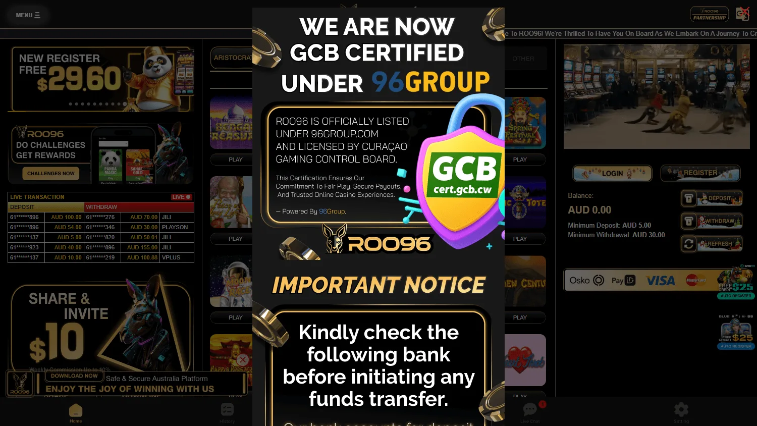 Roo96 Casino games area on desktop