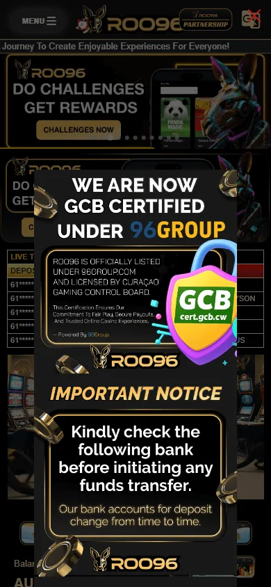 Roo96 Casino home page on a mobile device