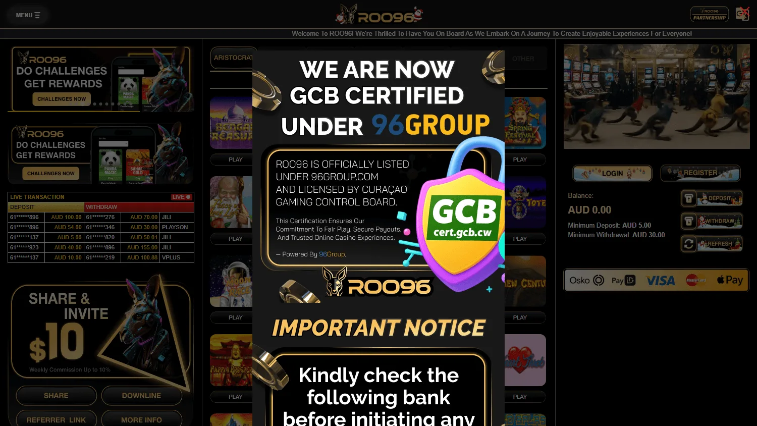 Roo96 Casino home page on desktop