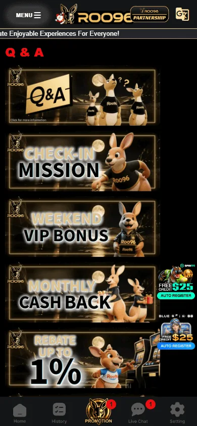 Roo96 Casino promotions area on a mobile device